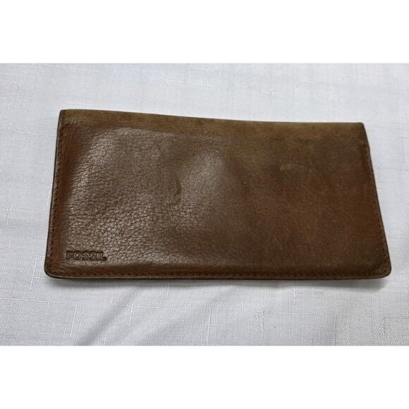 Vintage Fossil Leather Trifold Wallet Camel Brown With Checkbook Cover Slim - Picture 13 of 15